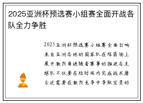 2025亚洲杯预选赛小组赛全面开战各队全力争胜